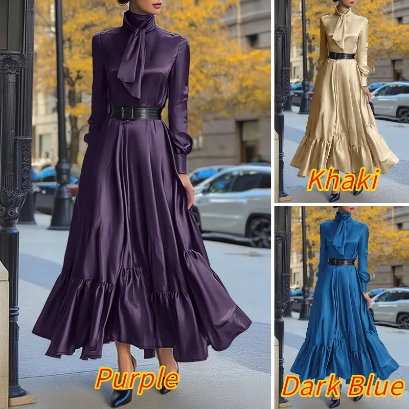 ZANZEA Elegant Women Satin Silk Party Maxi Dress Tie Neck Long Sleeve Ruffled Hem Long Dress Evening Cocktail Glossy Robes Femme
