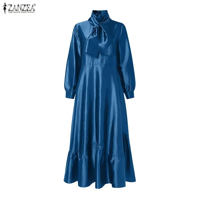 ZANZEA Elegant Women Satin Silk Party Maxi Dress Tie Neck Long Sleeve Ruffled Hem Long Dress Evening Cocktail Glossy Robes Femme