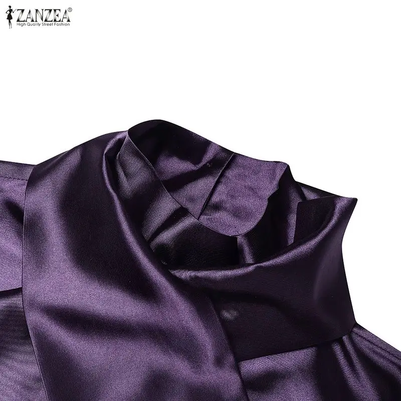 ZANZEA Elegant Women Satin Silk Party Maxi Dress Tie Neck Long Sleeve Ruffled Hem Long Dress Evening Cocktail Glossy Robes Femme
