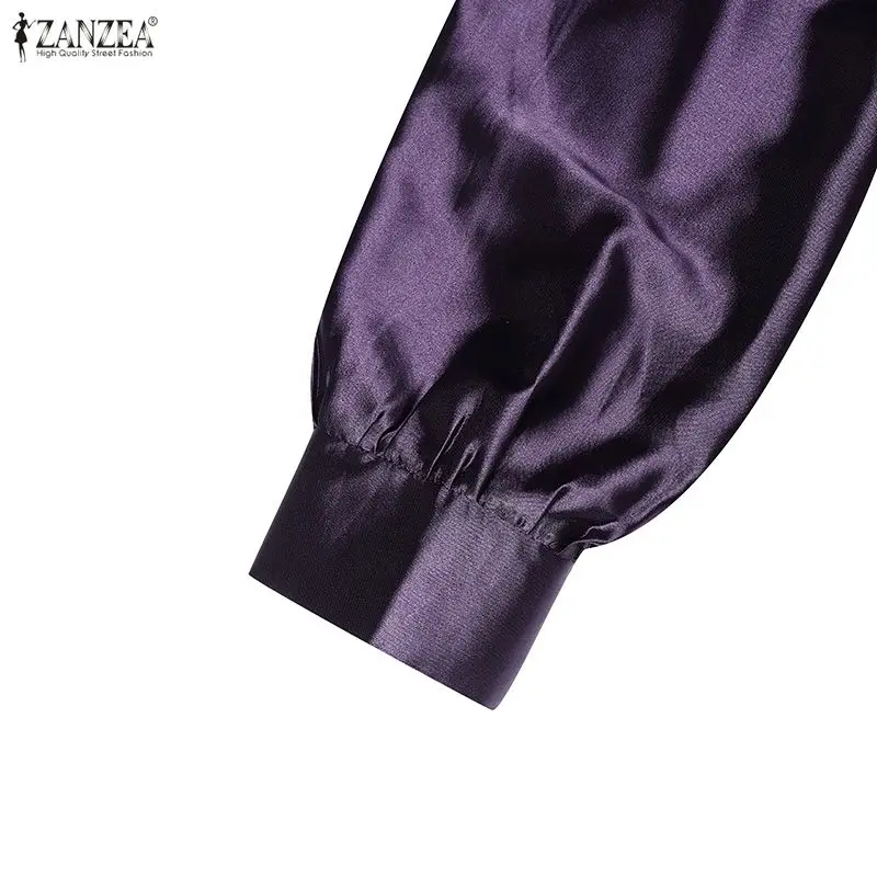 ZANZEA Elegant Women Satin Silk Party Maxi Dress Tie Neck Long Sleeve Ruffled Hem Long Dress Evening Cocktail Glossy Robes Femme