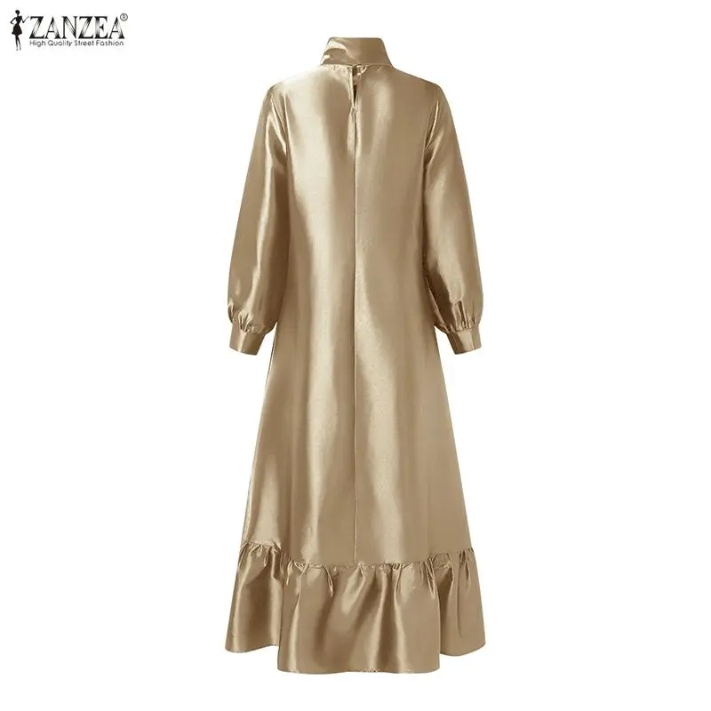 ZANZEA Elegant Women Satin Silk Party Maxi Dress Tie Neck Long Sleeve Ruffled Hem Long Dress Evening Cocktail Glossy Robes Femme