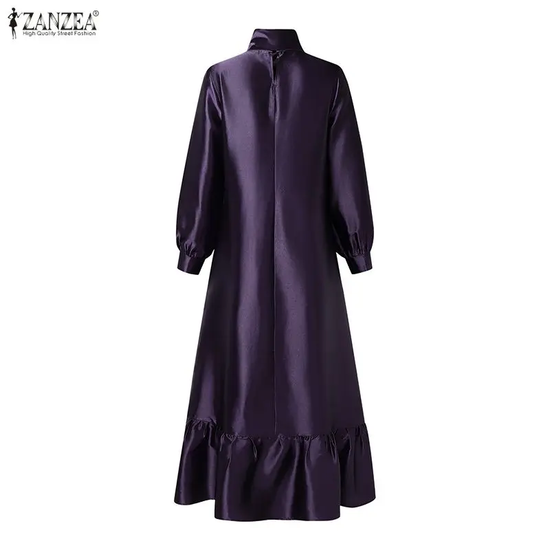 ZANZEA Elegant Women Satin Silk Party Maxi Dress Tie Neck Long Sleeve Ruffled Hem Long Dress Evening Cocktail Glossy Robes Femme