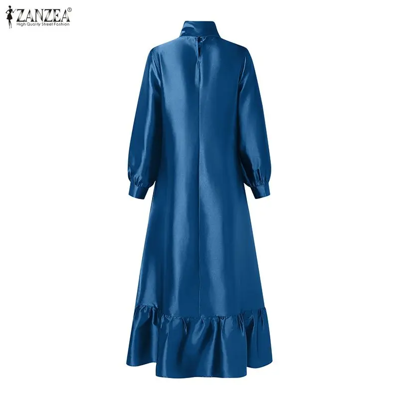 ZANZEA Elegant Women Satin Silk Party Maxi Dress Tie Neck Long Sleeve Ruffled Hem Long Dress Evening Cocktail Glossy Robes Femme