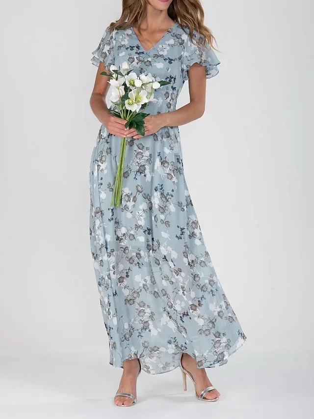 Women Elegant Flower Long Dress Casual Ruffle Short Sleeve V Neck Lace-up Party Dresses 2025 Boho Style High Waist Dress Female