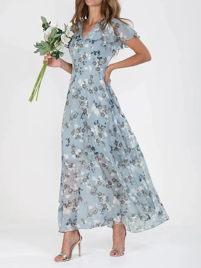 Women Elegant Flower Long Dress Casual Ruffle Short Sleeve V Neck Lace-up Party Dresses 2025 Boho Style High Waist Dress Female