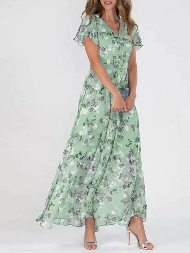 Women Elegant Flower Long Dress Casual Ruffle Short Sleeve V Neck Lace-up Party Dresses 2025 Boho Style High Waist Dress Female