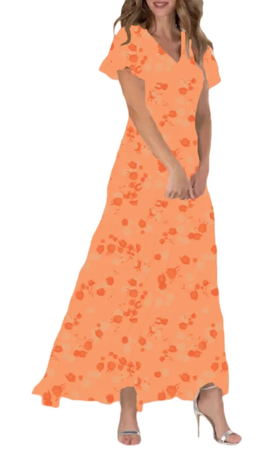 Women Elegant Flower Long Dress Casual Ruffle Short Sleeve V Neck Lace-up Party Dresses 2025 Boho Style High Waist Dress Female