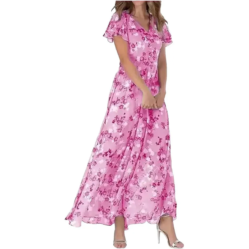 Women Elegant Flower Long Dress Casual Ruffle Short Sleeve V Neck Lace-up Party Dresses 2025 Boho Style High Waist Dress Female