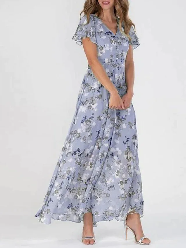 Women Elegant Flower Long Dress Casual Ruffle Short Sleeve V Neck Lace-up Party Dresses 2025 Boho Style High Waist Dress Female