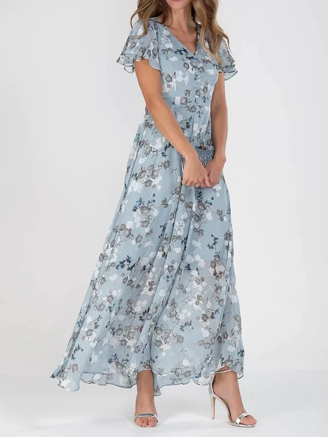 Women Elegant Flower Long Dress Casual Ruffle Short Sleeve V Neck Lace-up Party Dresses 2025 Boho Style High Waist Dress Female