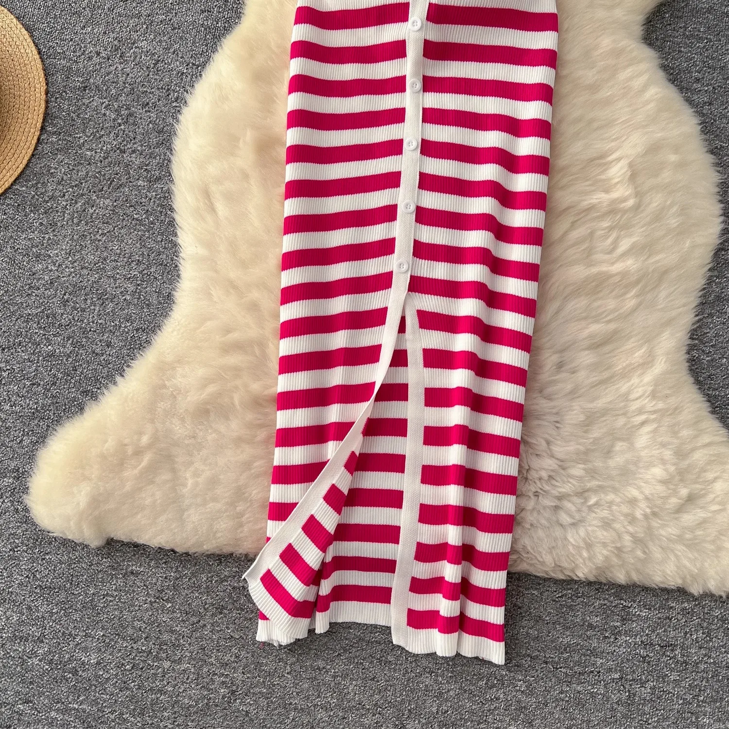 YuooMuoo Chic Fashion Sexy Wrap Hips Knitted Maxi Dress 2026 Summer Women Single-breasted Stripes Sweater Dress Streetwear Robes