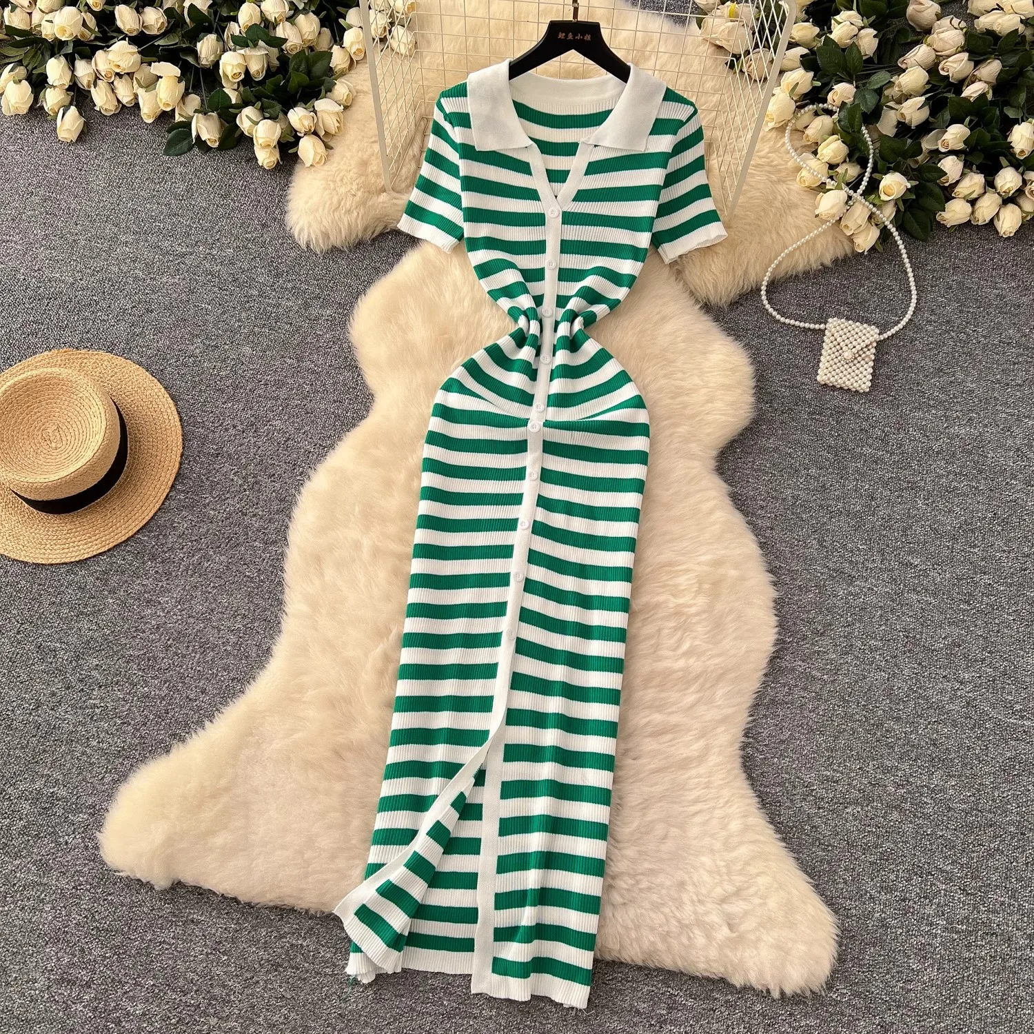 YuooMuoo Chic Fashion Sexy Wrap Hips Knitted Maxi Dress 2026 Summer Women Single-breasted Stripes Sweater Dress Streetwear Robes