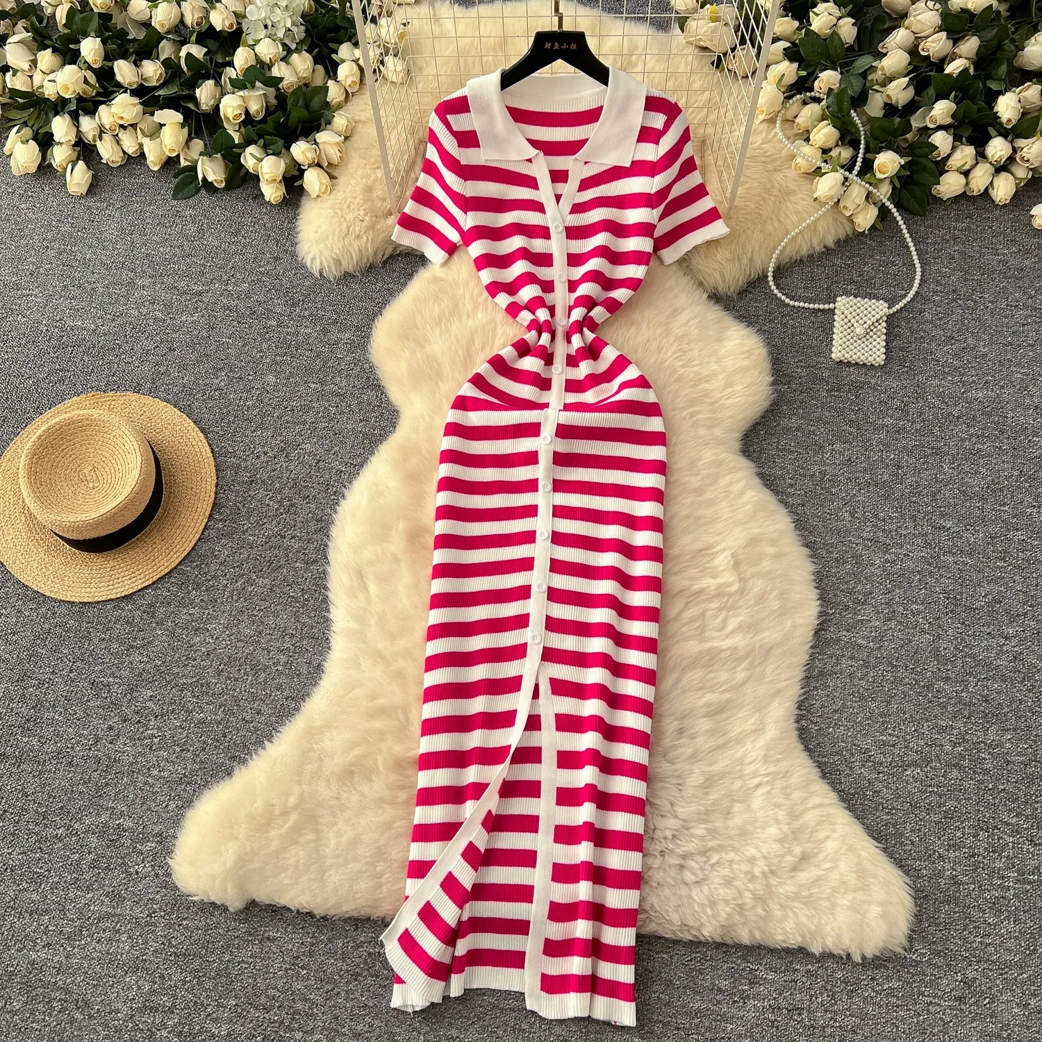 YuooMuoo Chic Fashion Sexy Wrap Hips Knitted Maxi Dress 2026 Summer Women Single-breasted Stripes Sweater Dress Streetwear Robes
