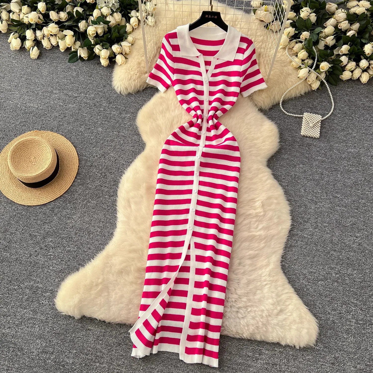 YuooMuoo Chic Fashion Sexy Wrap Hips Knitted Maxi Dress 2026 Summer Women Single-breasted Stripes Sweater Dress Streetwear Robes