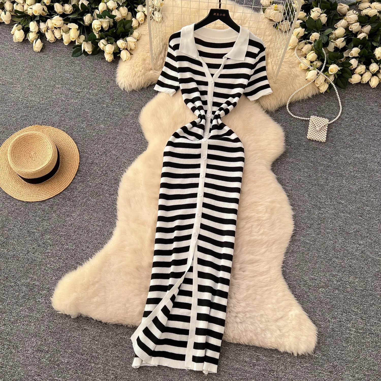 YuooMuoo Chic Fashion Sexy Wrap Hips Knitted Maxi Dress 2026 Summer Women Single-breasted Stripes Sweater Dress Streetwear Robes