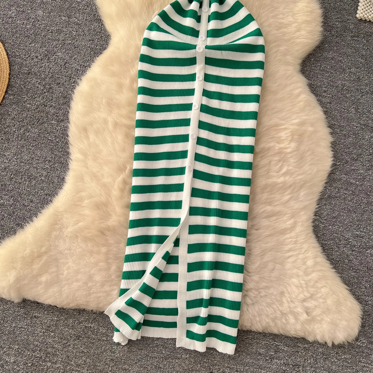 YuooMuoo Chic Fashion Sexy Wrap Hips Knitted Maxi Dress 2026 Summer Women Single-breasted Stripes Sweater Dress Streetwear Robes