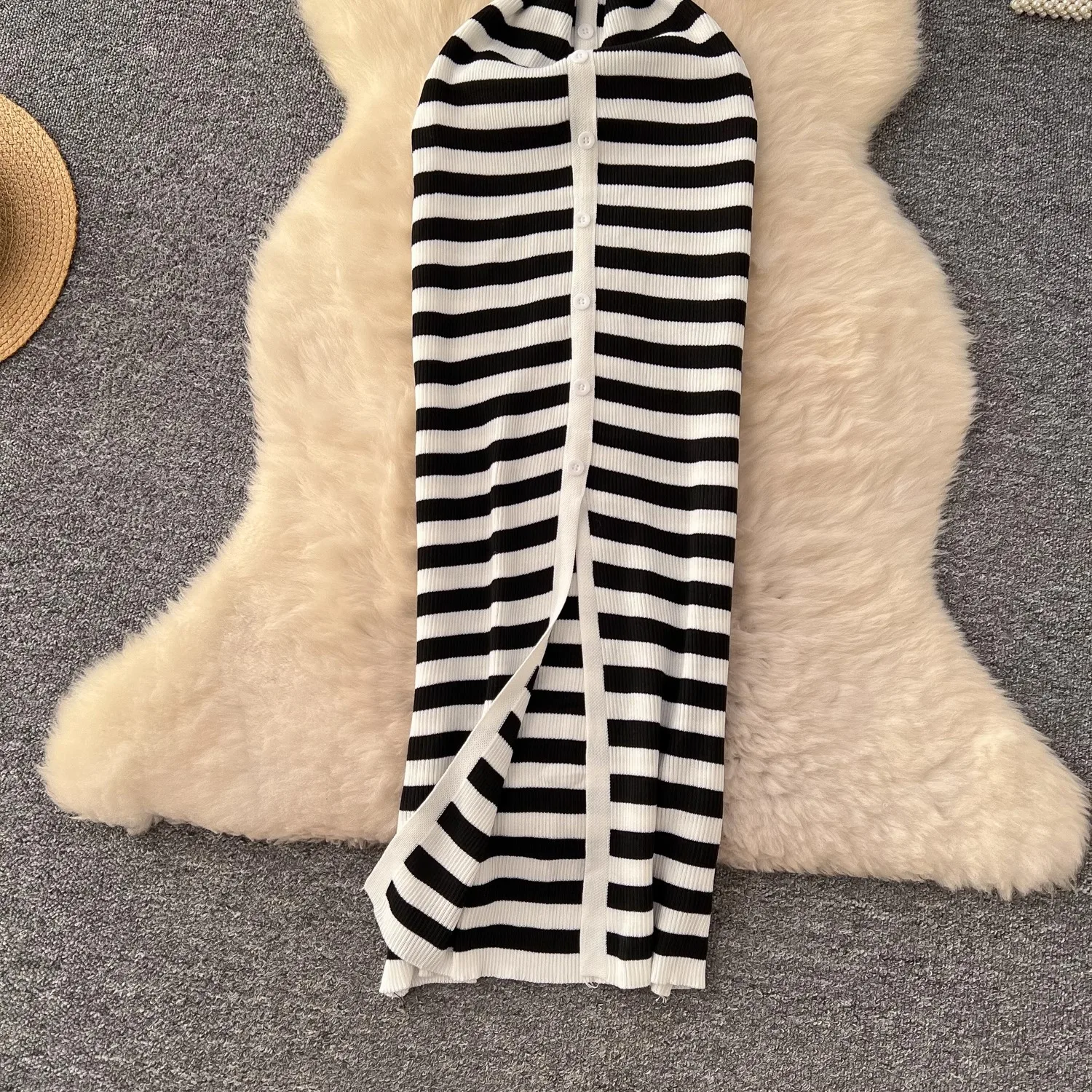 YuooMuoo Chic Fashion Sexy Wrap Hips Knitted Maxi Dress 2026 Summer Women Single-breasted Stripes Sweater Dress Streetwear Robes