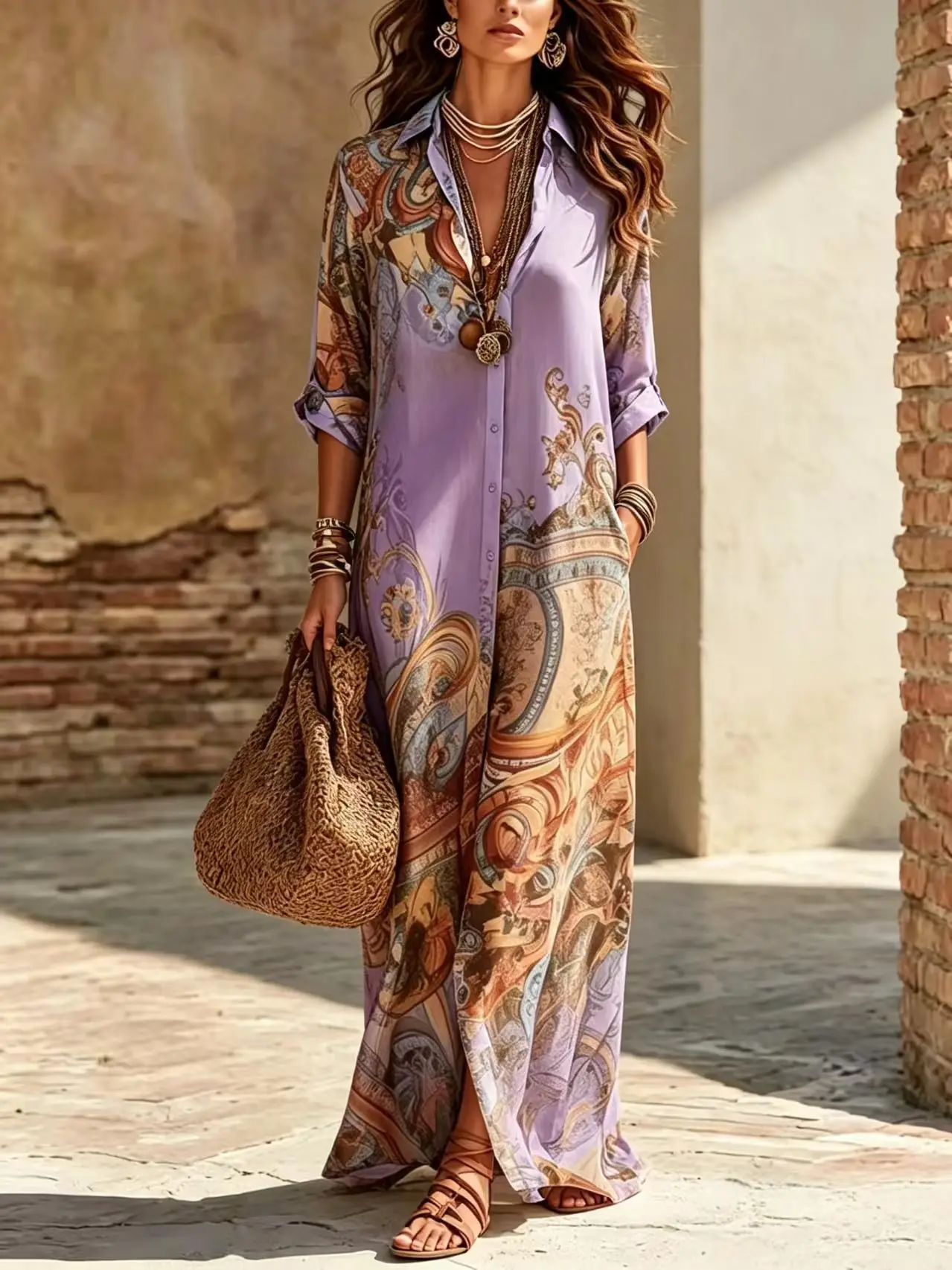 Women Print Boho Shirt Maxi Dress Long Sleeve Button Down Dress Vintage Casual Party Robe Fashion Vacation Dresses Lady Vestidos