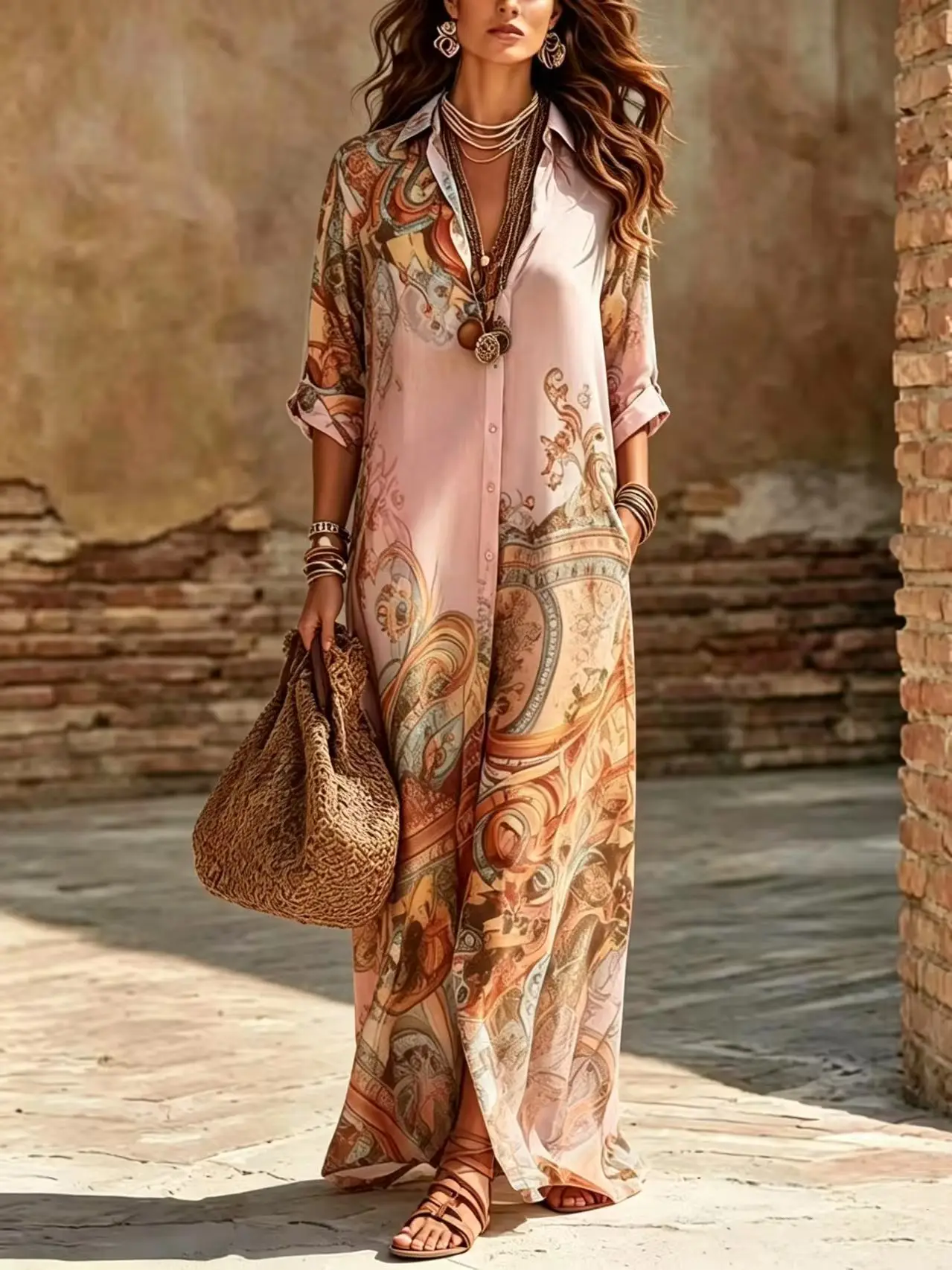 Women Print Boho Shirt Maxi Dress Long Sleeve Button Down Dress Vintage Casual Party Robe Fashion Vacation Dresses Lady Vestidos