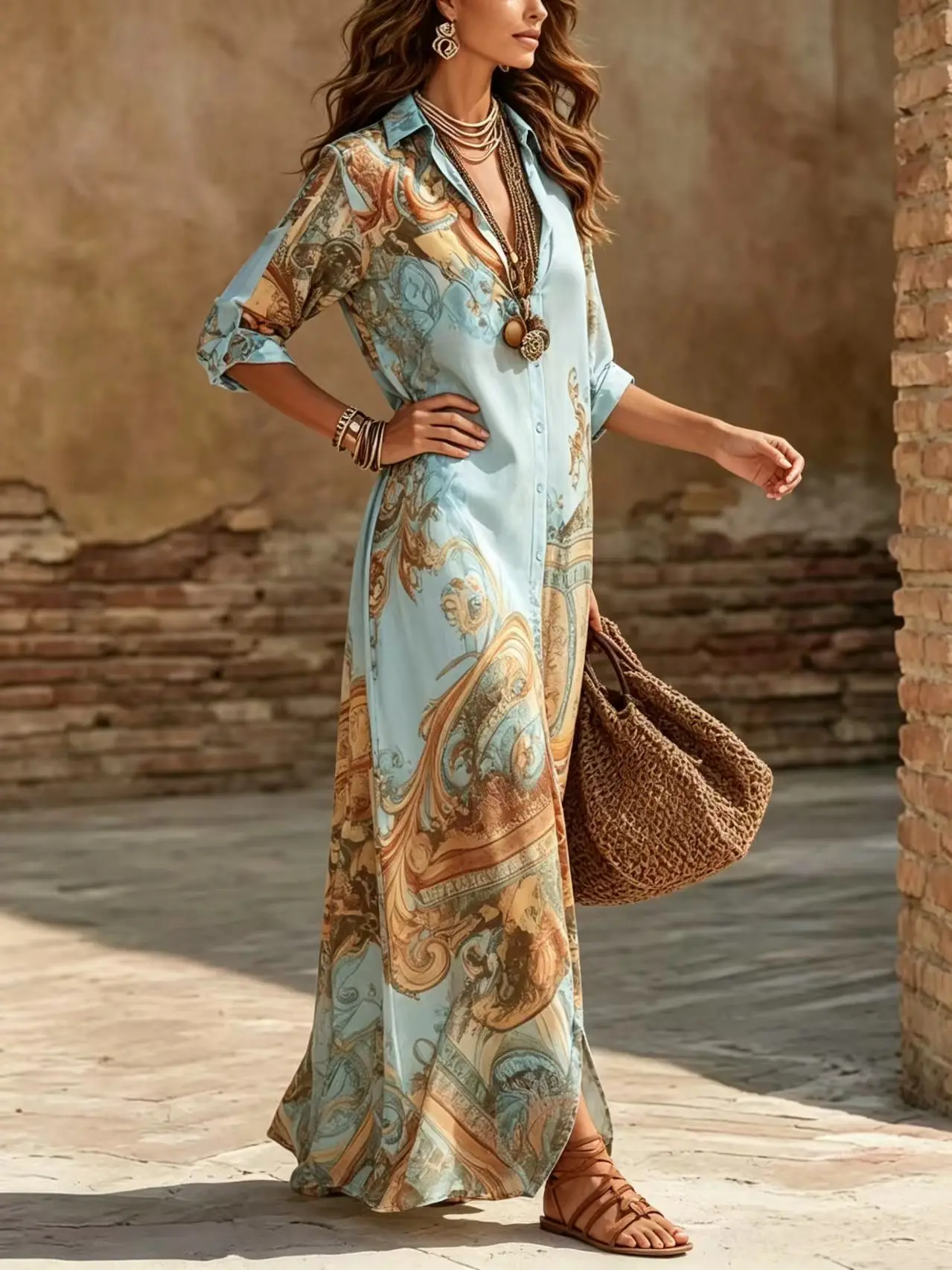 Women Print Boho Shirt Maxi Dress Long Sleeve Button Down Dress Vintage Casual Party Robe Fashion Vacation Dresses Lady Vestidos