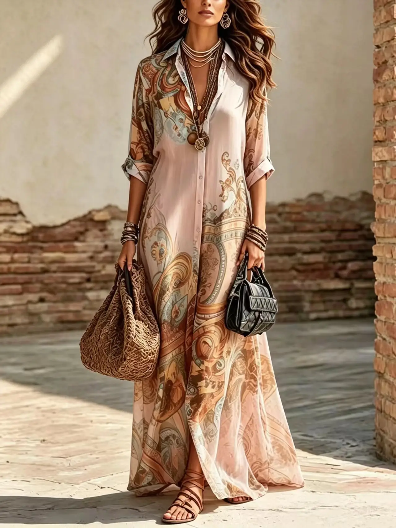 Women Print Boho Shirt Maxi Dress Long Sleeve Button Down Dress Vintage Casual Party Robe Fashion Vacation Dresses Lady Vestidos