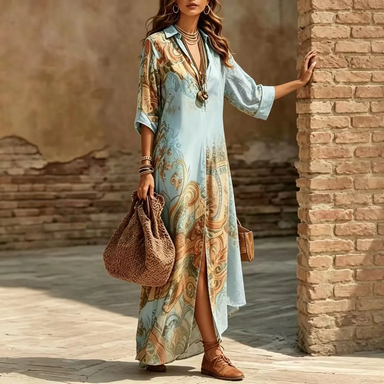 Women Print Boho Shirt Maxi Dress Long Sleeve Button Down Dress Vintage Casual Party Robe Fashion Vacation Dresses Lady Vestidos