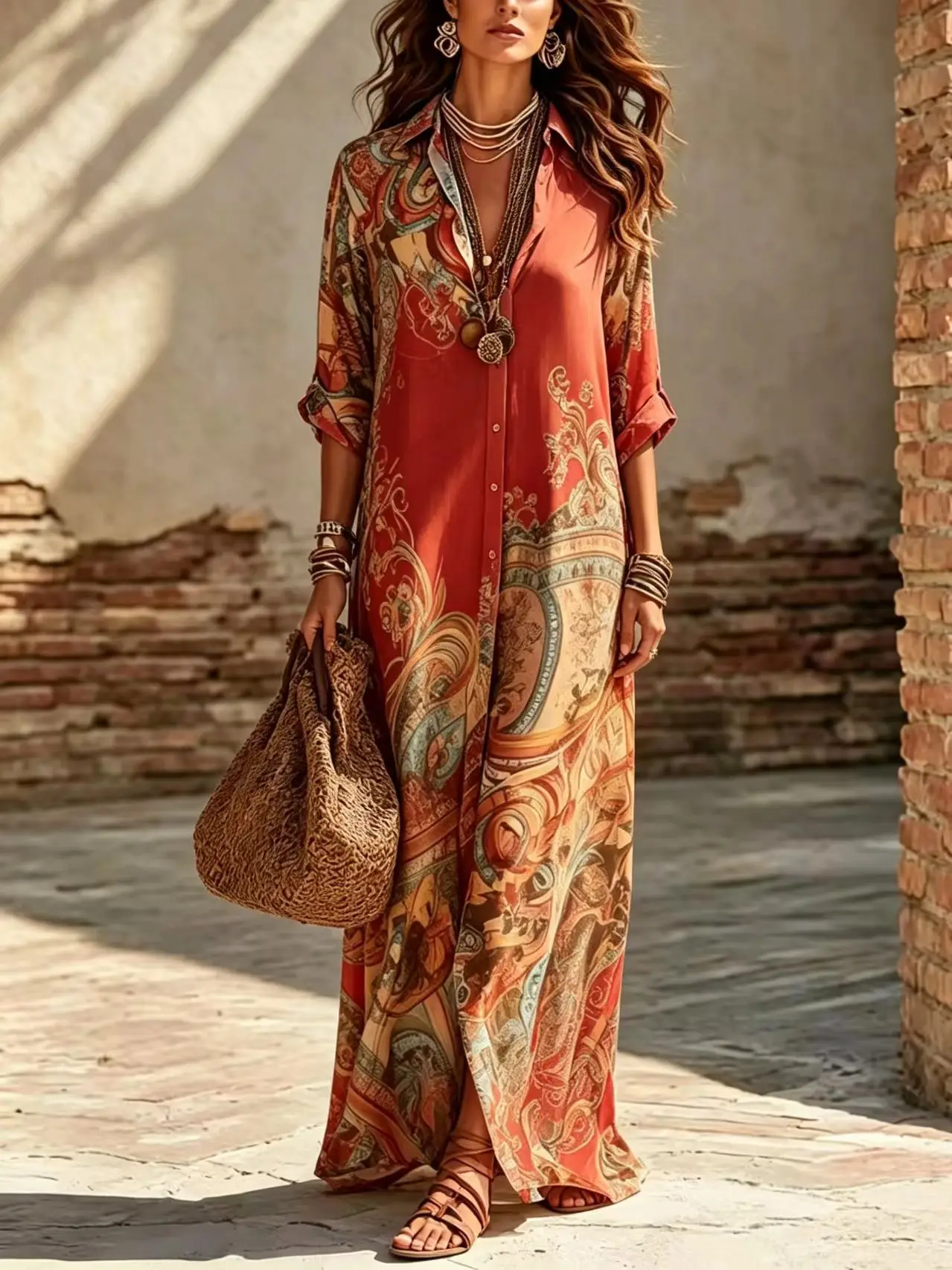 Women Print Boho Shirt Maxi Dress Long Sleeve Button Down Dress Vintage Casual Party Robe Fashion Vacation Dresses Lady Vestidos