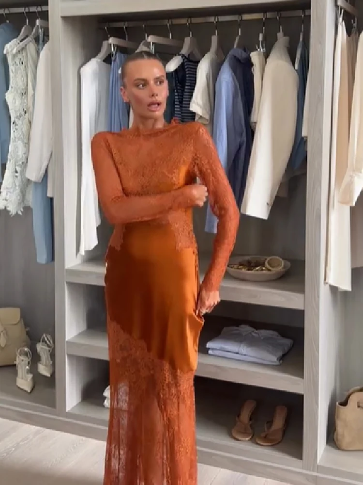 Women Slim Fit Lace Satin Mermaid Gown High Neck Long Sleeve Cutout Back Maxi Dress Female Formal Wedding Guest Party Dresses