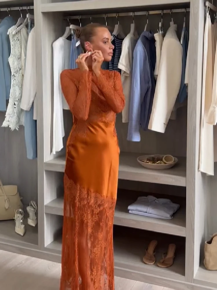 Women Slim Fit Lace Satin Mermaid Gown High Neck Long Sleeve Cutout Back Maxi Dress Female Formal Wedding Guest Party Dresses