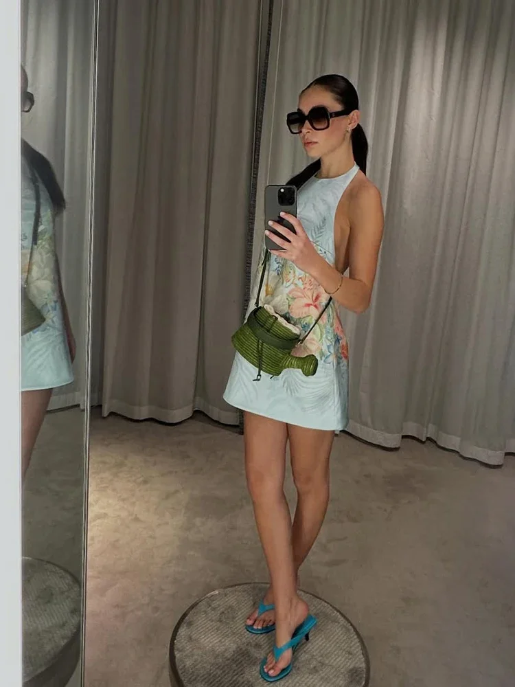 Bohemian Floral Print Halter Neck Mini Dress Women Sexy Sleeveless Backless Short Skirt Lady Summer Party Vacation Beachwear