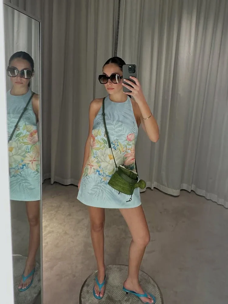 Bohemian Floral Print Halter Neck Mini Dress Women Sexy Sleeveless Backless Short Skirt Lady Summer Party Vacation Beachwear