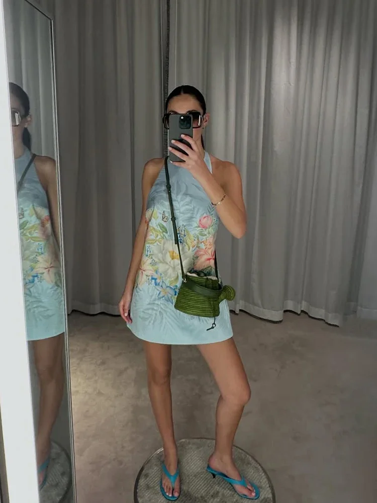 Bohemian Floral Print Halter Neck Mini Dress Women Sexy Sleeveless Backless Short Skirt Lady Summer Party Vacation Beachwear