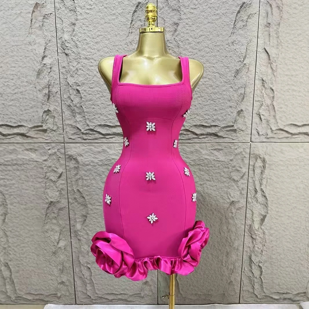 Women Sleeveless Sexy Square Collar Shinning Crystal Ruffles Bodycon Mini Bandage Dress Nightclub Party Birthday Wear