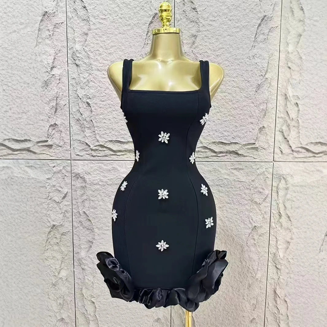 Women Sleeveless Sexy Square Collar Shinning Crystal Ruffles Bodycon Mini Bandage Dress Nightclub Party Birthday Wear