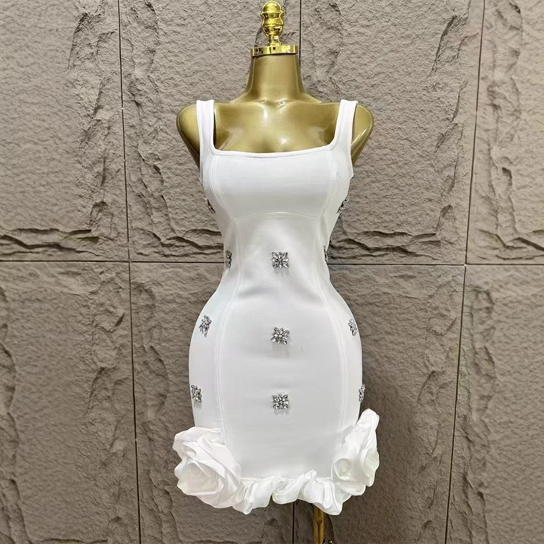Women Sleeveless Sexy Square Collar Shinning Crystal Ruffles Bodycon Mini Bandage Dress Nightclub Party Birthday Wear