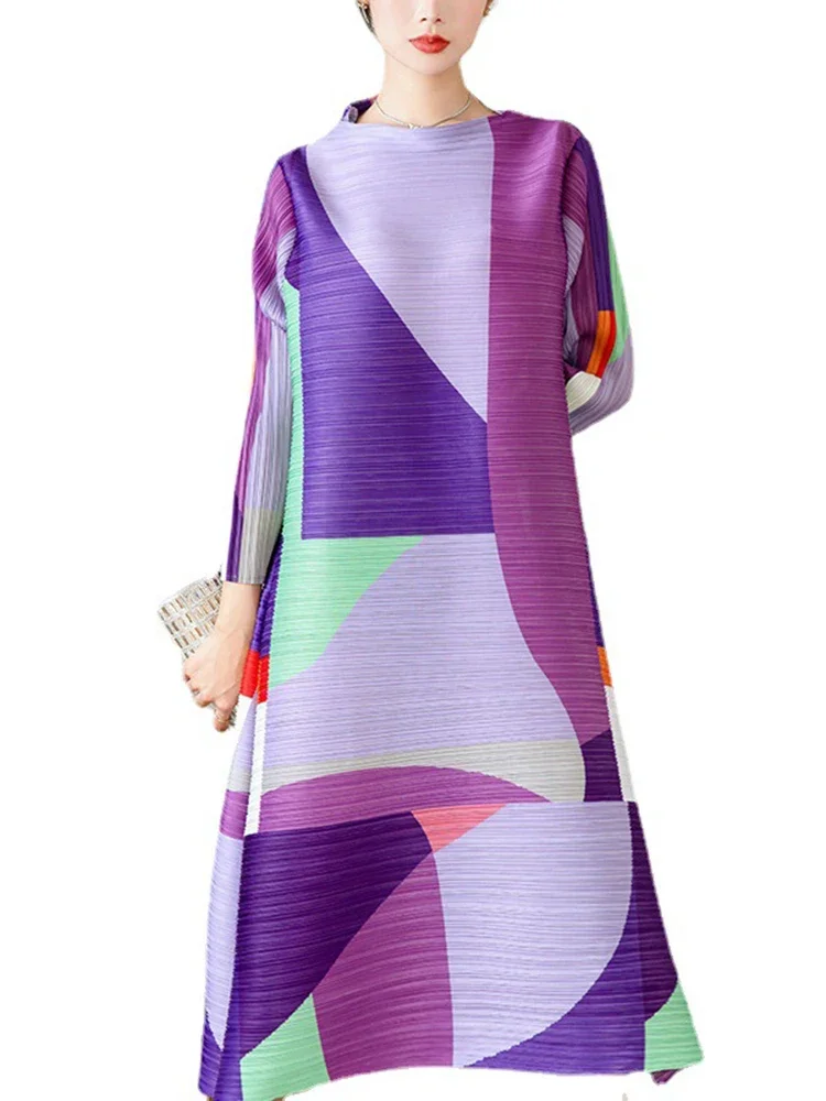 YUDX Miyake Pleated Print Dress For Women Medium Long Stand Collar Niche Design Loose Pullover A Line Female Spring New 2024