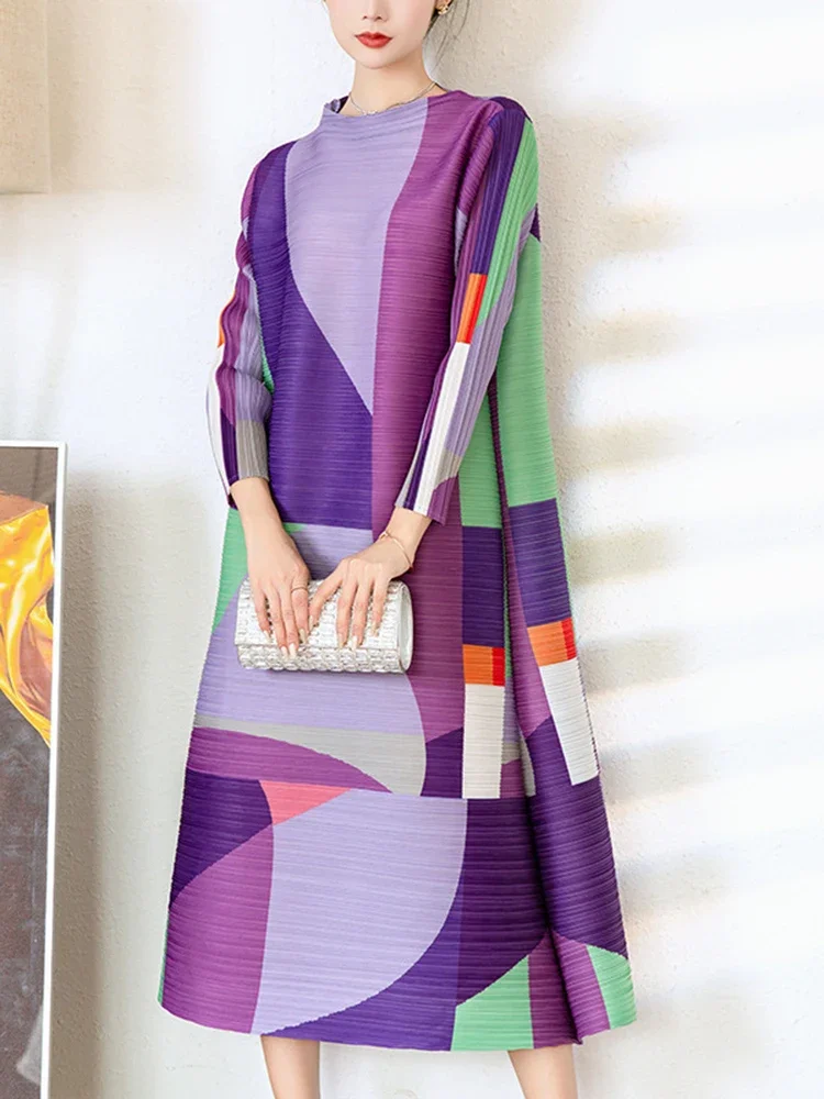 YUDX Miyake Pleated Print Dress For Women Medium Long Stand Collar Niche Design Loose Pullover A Line Female Spring New 2024
