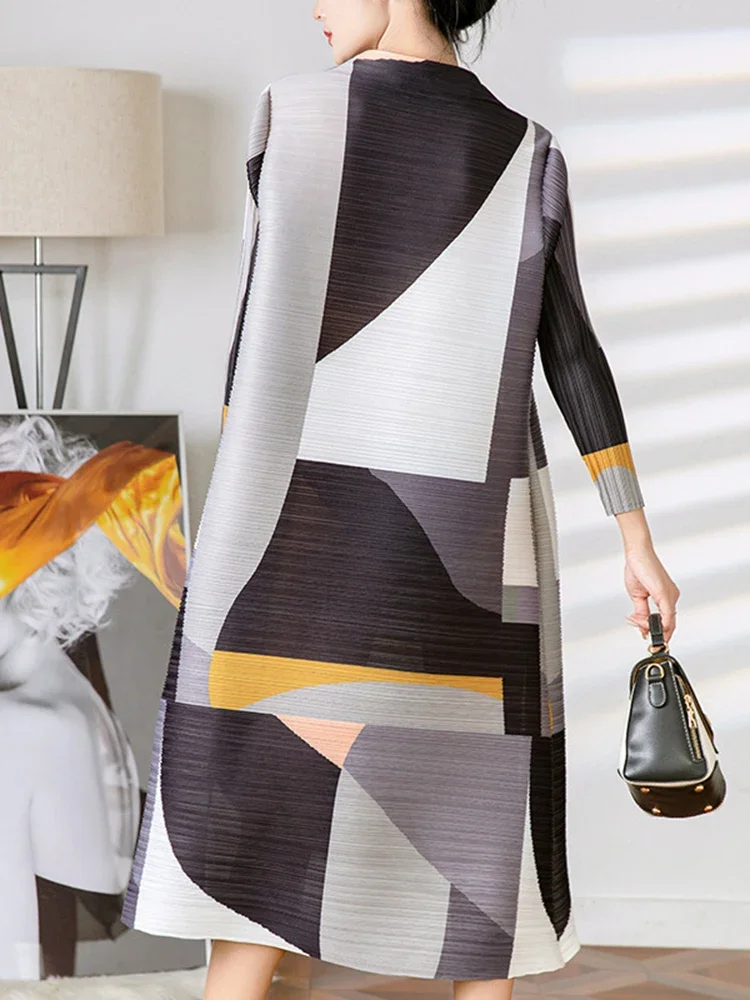 YUDX Miyake Pleated Print Dress For Women Medium Long Stand Collar Niche Design Loose Pullover A Line Female Spring New 2024