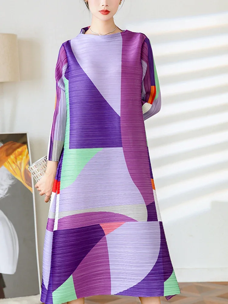 YUDX Miyake Pleated Print Dress For Women Medium Long Stand Collar Niche Design Loose Pullover A Line Female Spring New 2024