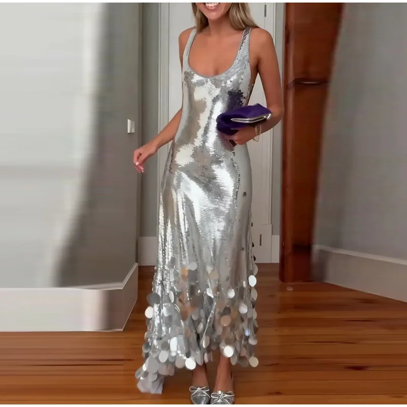 Sexy Sequined Long Dress Women Sling Sleeveless Backless Hollow Out Female Party Dresses 2026 Spring U-neck Lady Robe