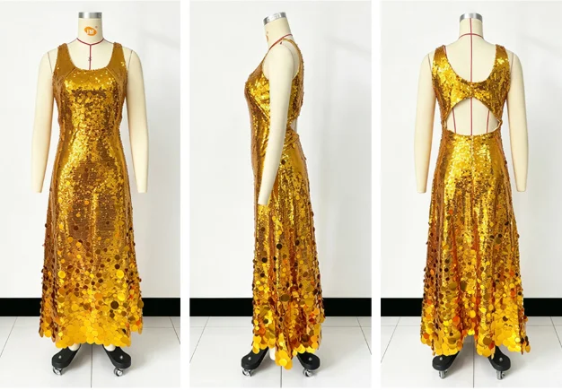 Sexy Sequined Long Dress Women Sling Sleeveless Backless Hollow Out Female Party Dresses 2026 Spring U-neck Lady Robe