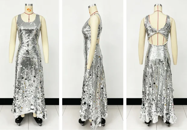 Sexy Sequined Long Dress Women Sling Sleeveless Backless Hollow Out Female Party Dresses 2026 Spring U-neck Lady Robe