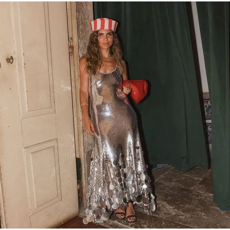 Sexy Sequined Long Dress Women Sling Sleeveless Backless Hollow Out Female Party Dresses 2026 Spring U-neck Lady Robe