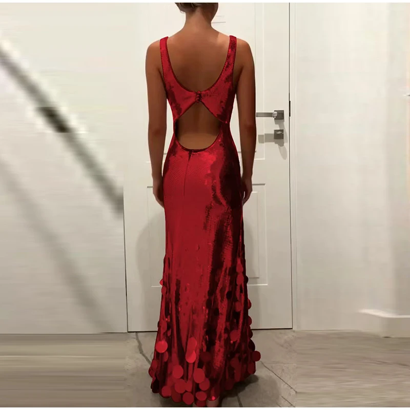 Sexy Sequined Long Dress Women Sling Sleeveless Backless Hollow Out Female Party Dresses 2026 Spring U-neck Lady Robe