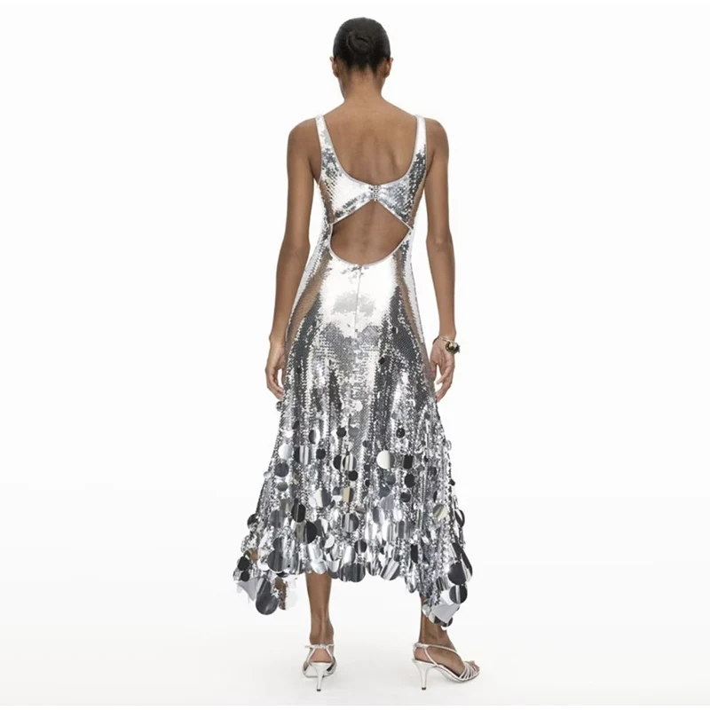 Sexy Sequined Long Dress Women Sling Sleeveless Backless Hollow Out Female Party Dresses 2026 Spring U-neck Lady Robe