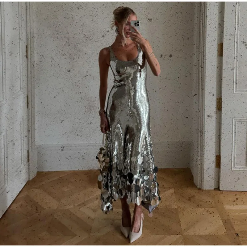 Sexy Sequined Long Dress Women Sling Sleeveless Backless Hollow Out Female Party Dresses 2026 Spring U-neck Lady Robe