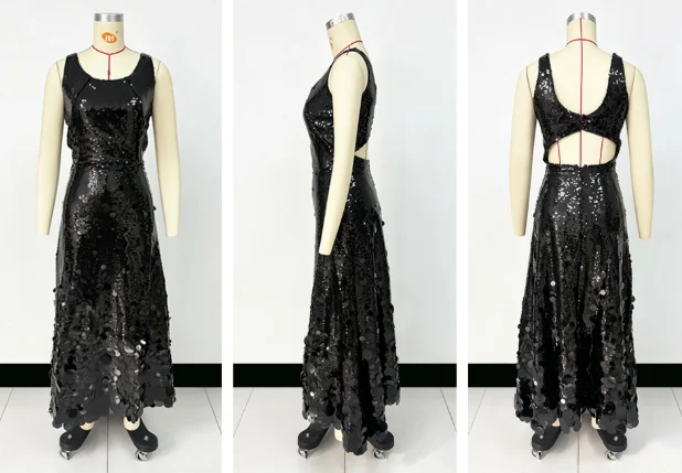 Sexy Sequined Long Dress Women Sling Sleeveless Backless Hollow Out Female Party Dresses 2026 Spring U-neck Lady Robe
