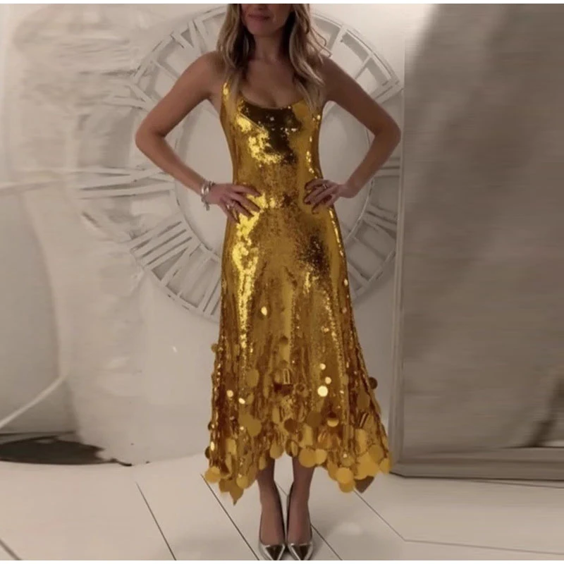 Sexy Sequined Long Dress Women Sling Sleeveless Backless Hollow Out Female Party Dresses 2026 Spring U-neck Lady Robe