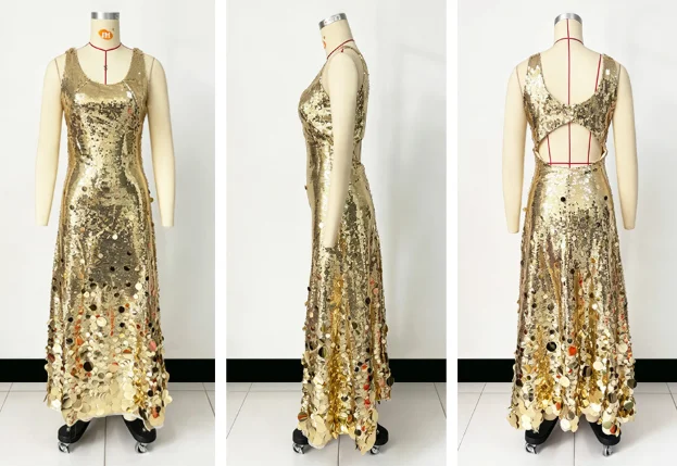 Sexy Sequined Long Dress Women Sling Sleeveless Backless Hollow Out Female Party Dresses 2026 Spring U-neck Lady Robe