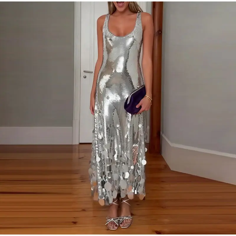 Sexy Sequined Long Dress Women Sling Sleeveless Backless Hollow Out Female Party Dresses 2026 Spring U-neck Lady Robe